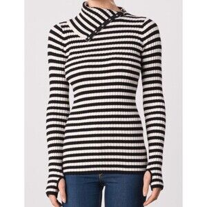 Margaret O'Leary Black & White Striped Snap Turtleneck Top Lightweight Sweater L